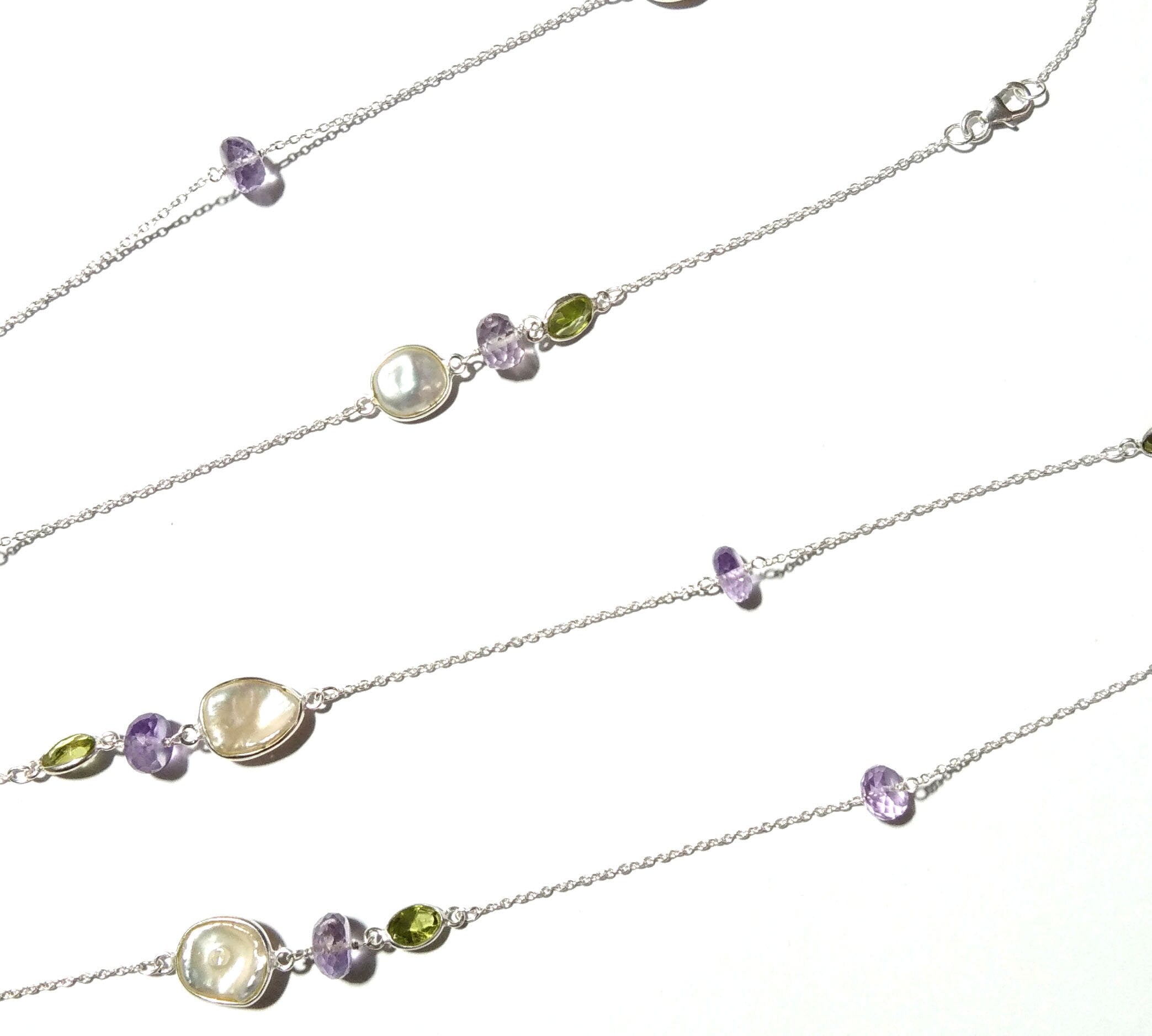 Beaded Log Necklace ! 925 Starling Silver With Natural Gemstone Peridot, Amethyst & Fresh Water Pearl Necklace, Beautiful Necklace For Women